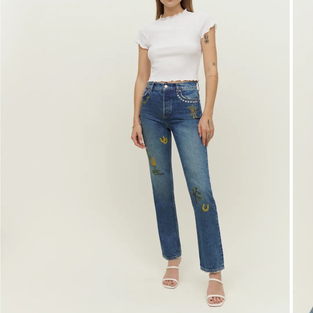 Reformation Western Embroidered Blue Jeans